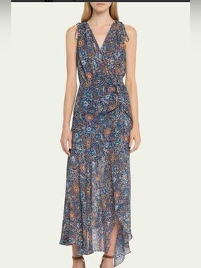 NWT Veronica Beard Dovima 100% Silk Floral Ruched Midi Dress Blue White Sz 4